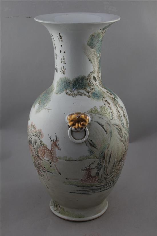 A large Chinese deer enamelled porcelain vase, Republic period, 50.5cm.